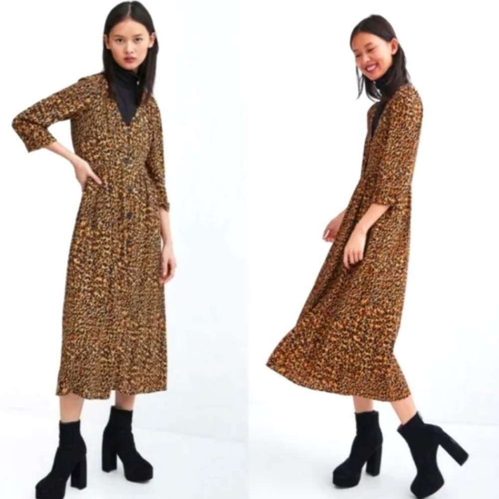 ZARA Long Sleeve Button Down Animal Print Midi Dress Sz L Brown Leopard Cheetah